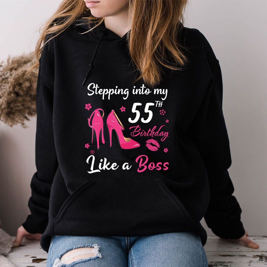 Stepping into my 55th Birthday Like a Boss, 55th birthday unique gifts for woman, 55th birthday ideas, Turning 55 years old cotton shirt