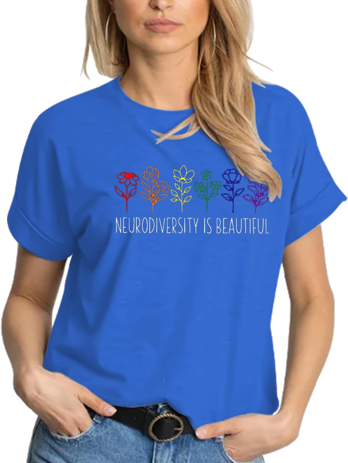 Autism Awareness Shirt Women Neurodiversity Rainbow Flower T-Shirts Special Education Teacher Gift Tee Tops