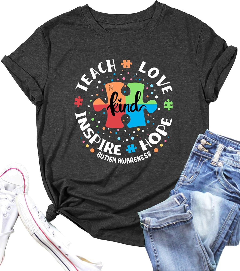 Womens Autism Awareness Teacher Shirts Be Kind T-Shirts Teach Hope Love Inspire Graphic Tees Tops